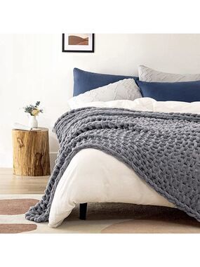 LUXURY Handmade Knitted Yarn Knit Blanket Gray Durable Soft Home Decor Gift NWT
